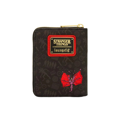 Back of Loungefly Stranger Things Group Portrait Light Up Wallet with red demegorgon design and 'Stranger Things Loungefly' logo on a white background