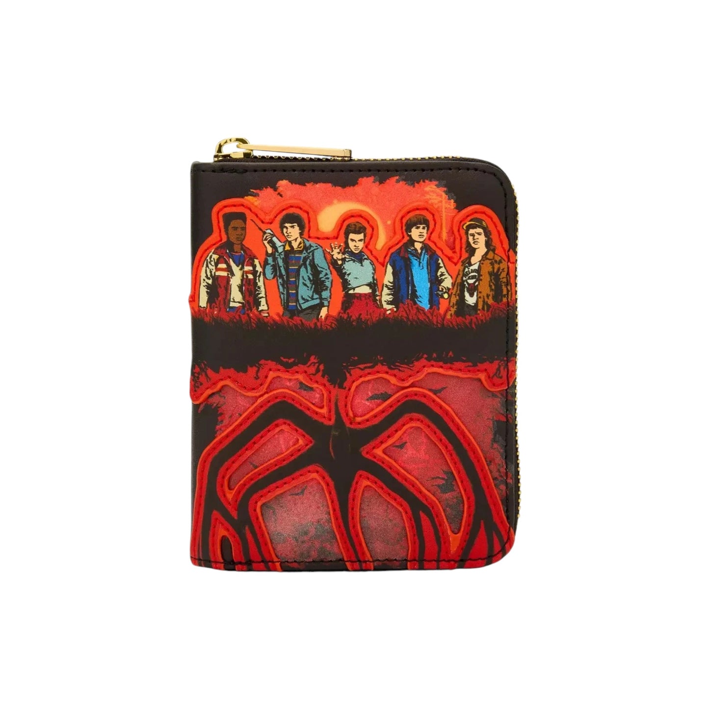 Loungefly Stranger Things Group Portrait Light Up Wallet with graphic design of five TV Show characters and a mindflayer emblem on a white background 