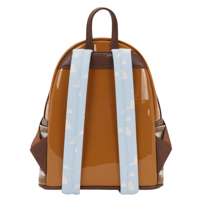 Back of Loungefly Toy Story Slinky Dog Cosplay Mini Backpack with white straps on a white background