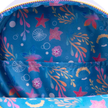 Close-up of inside of Loungefly Disney The Little Mermaid Ariel Soft Floral Mini Backpack with starfish and plant patterns on a blue background