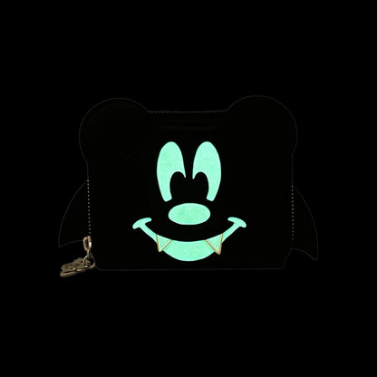 Black Mickey Mouse Bat wallet with Mickey Mouse ears and face glowing on a white background