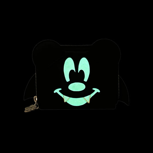Black Mickey Mouse Bat wallet with Mickey Mouse ears and face glowing on a white background