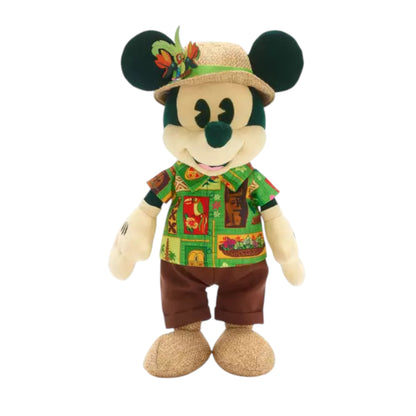 Mickey Mouse 5/12: The Main Attraction Enchanted Tiki Room Plush wearing a hat and Hawaiian shirt on a white background