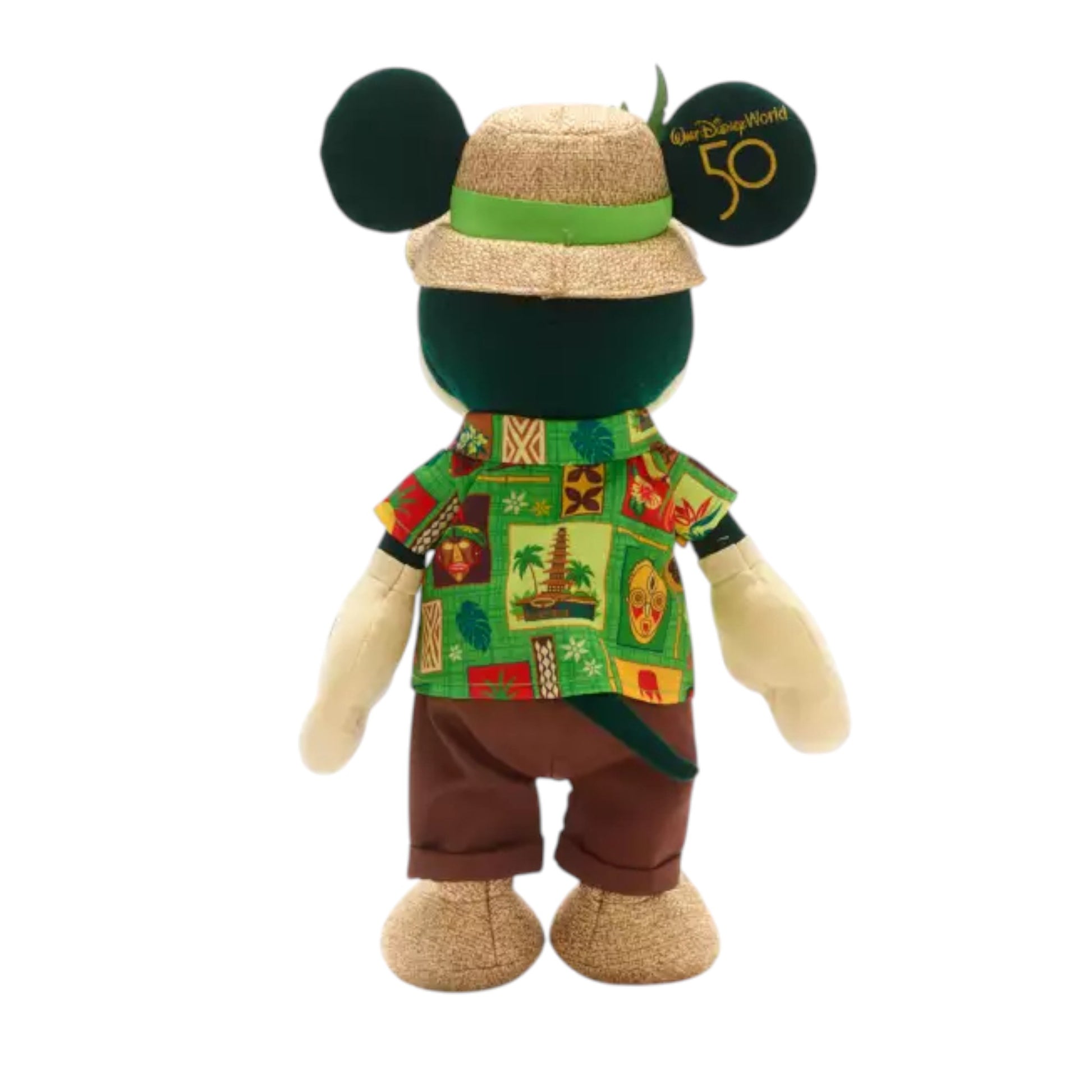 Mickey Mouse 5/12: The Main Attraction Enchanted Tiki Room Plush wearing a hat and Hawaiian shirt on a white background