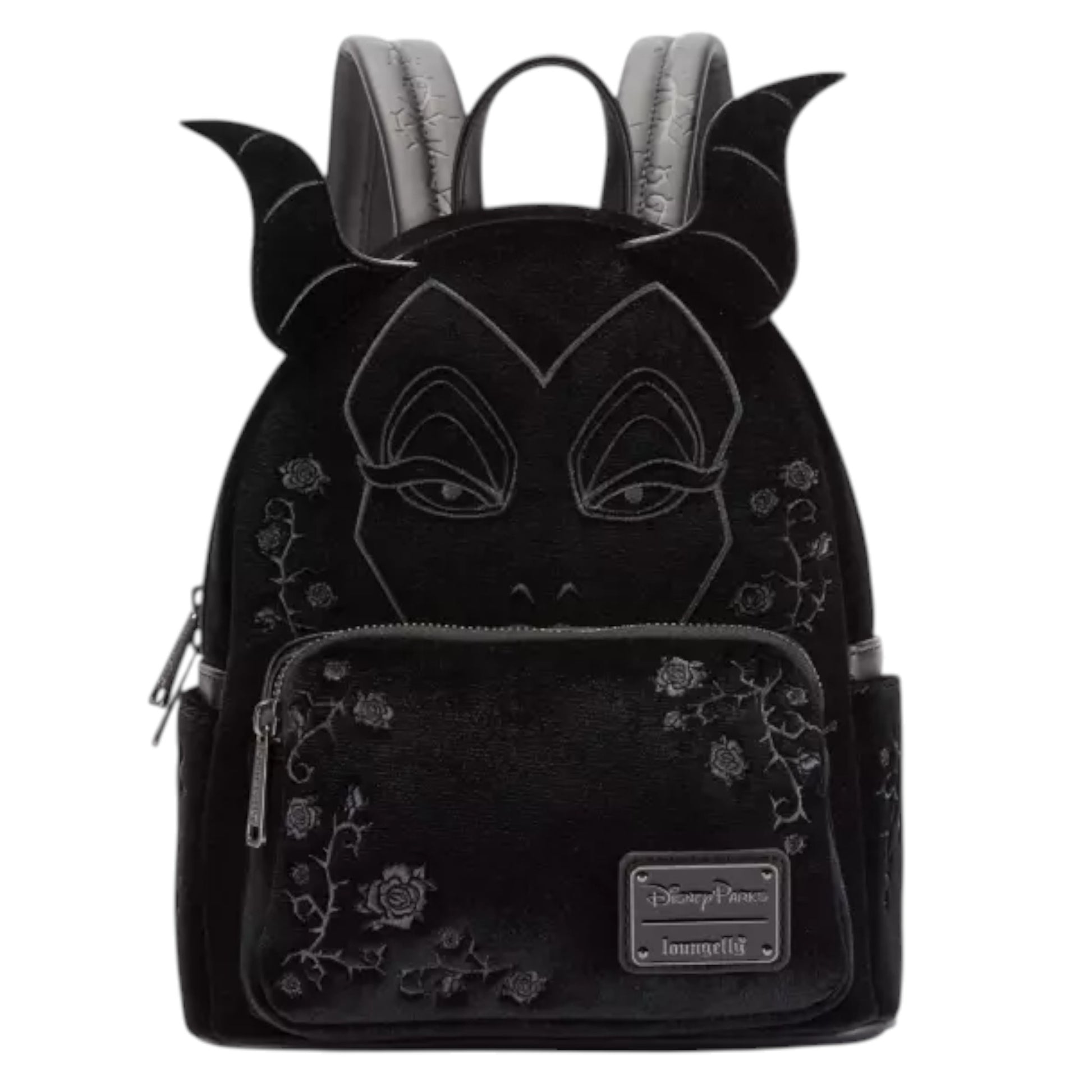Black backpack with Maleficent  character design and Loungefly logo on a white background