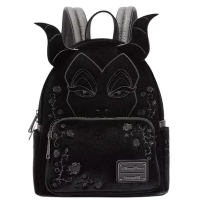 Black backpack with Maleficent  character design and Loungefly logo on a white background