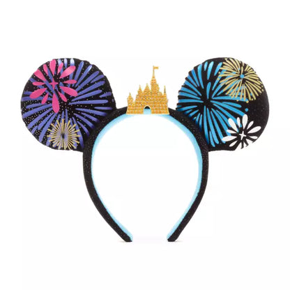 Mickey Mouse ear headband with fireworks and castle design on a white background
