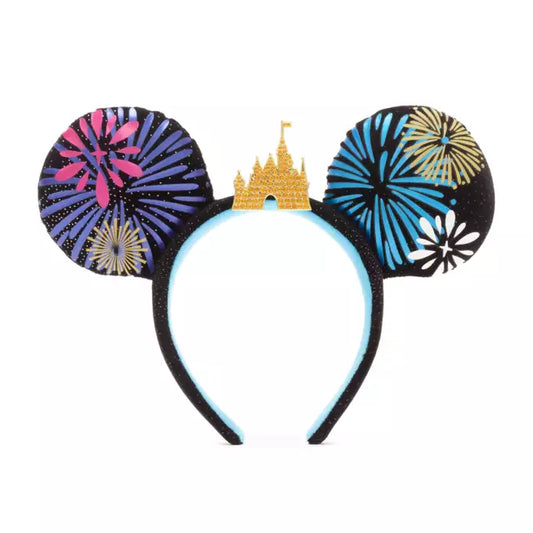Mickey Mouse ear headband with fireworks and castle design on a white background
