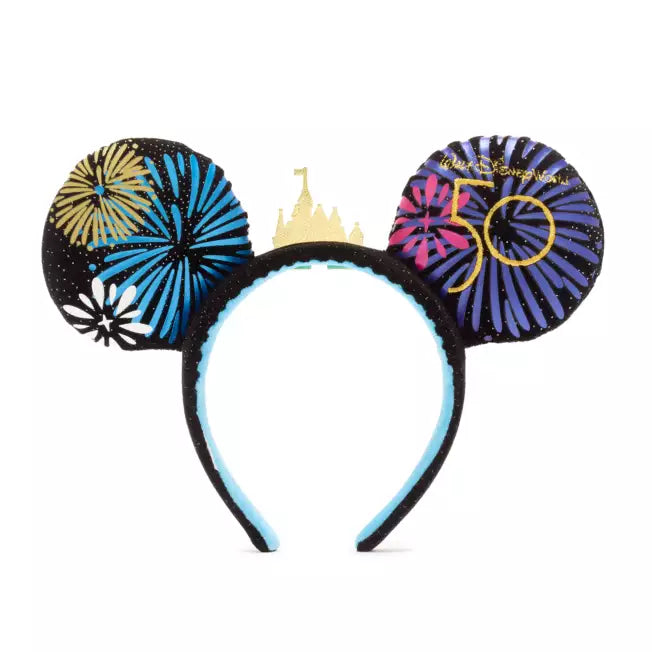 Mickey Mouse ears headband with Disney castle and 50th anniversary logo with Walt Disney World design on a white background