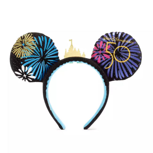 Mickey Mouse ears headband with Disney castle and 50th anniversary logo with Walt Disney World design on a white background
