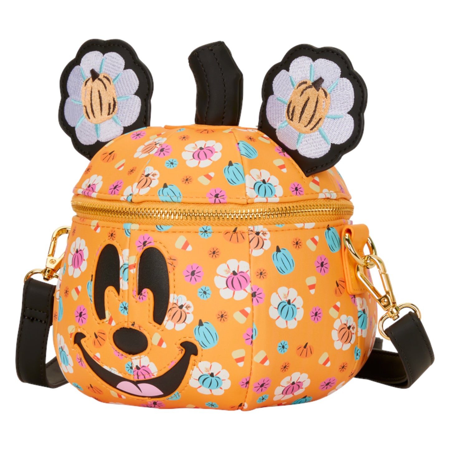 Mickey Mouse Floral Pumpkin Head Floral-patterned backpack with flower designs on top, resembling mickey mouse's head.