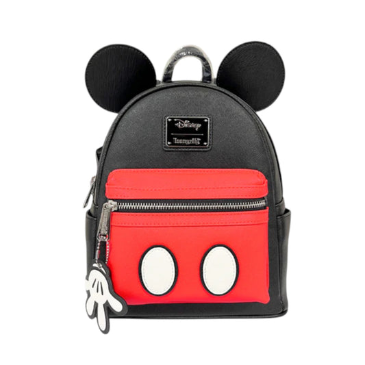 Black backpack with Mickey Mouse design on a white background