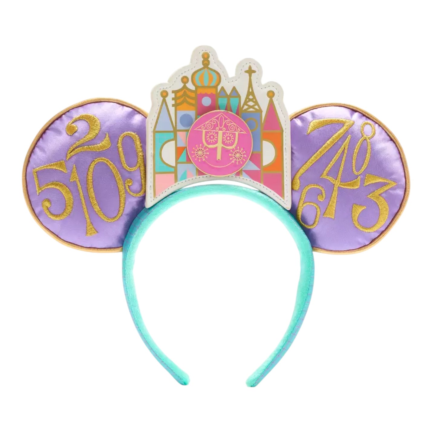 50th Mickey Mouse Main Attraction It's a Small World Clock Headband Ears with castle design and numbers on a white background