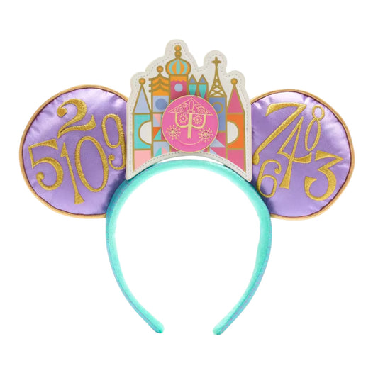 50th Mickey Mouse Main Attraction It's a Small World Clock Headband Ears with castle design and numbers on a white background