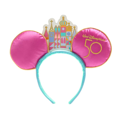 50th Mickey Mouse Main Attraction It's a Small World Clock Headband Ears with castle design and 'Walt Disney World 50' text on a white background