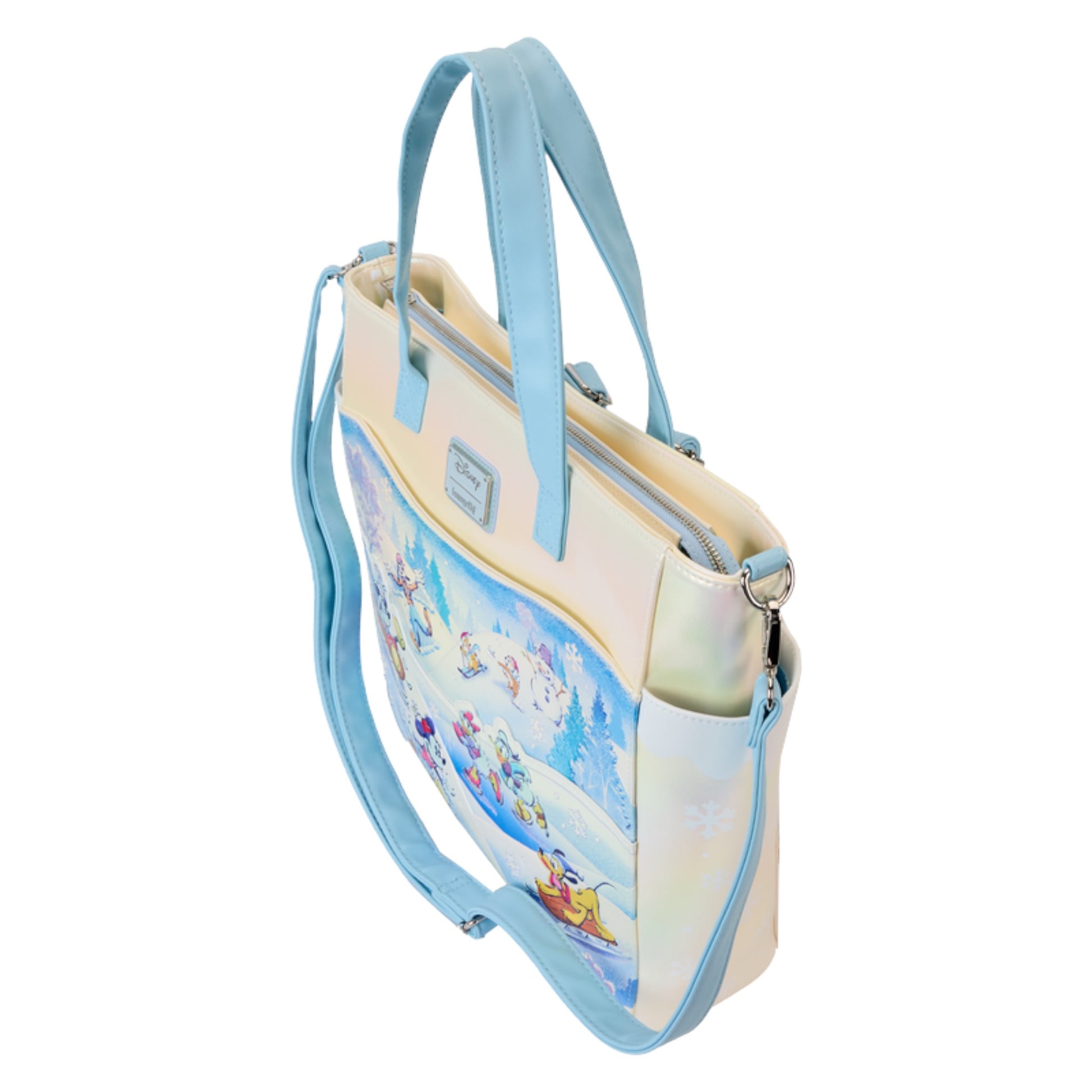  Disney mickey and friends themed handbag with blue straps on a white background