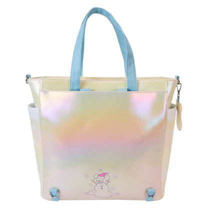 Pastel gradient tote bag with a snowman on a white background