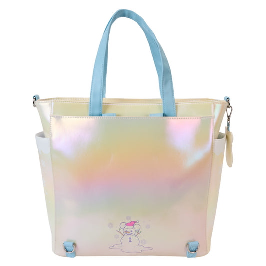 Pastel gradient tote bag with a snowman on a white background