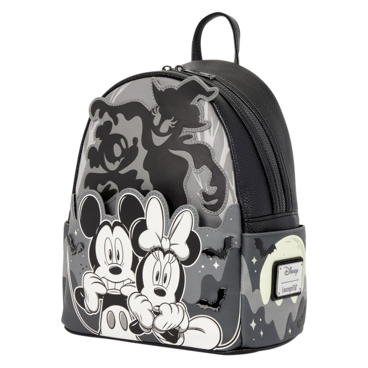 Disney Mickey and Minnie Mouse mini backpack with a black and gray camouflage pattern, featuring 3D pop-out Mickey and Minnie Mouse figures, a ghost silhouette, and a Disney logo patch on the front pocket.