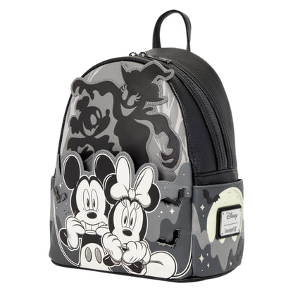 Disney Mickey and Minnie Mouse mini backpack with a black and gray camouflage pattern, featuring 3D pop-out Mickey and Minnie Mouse figures, a ghost silhouette, and a Disney logo patch on the front pocket.