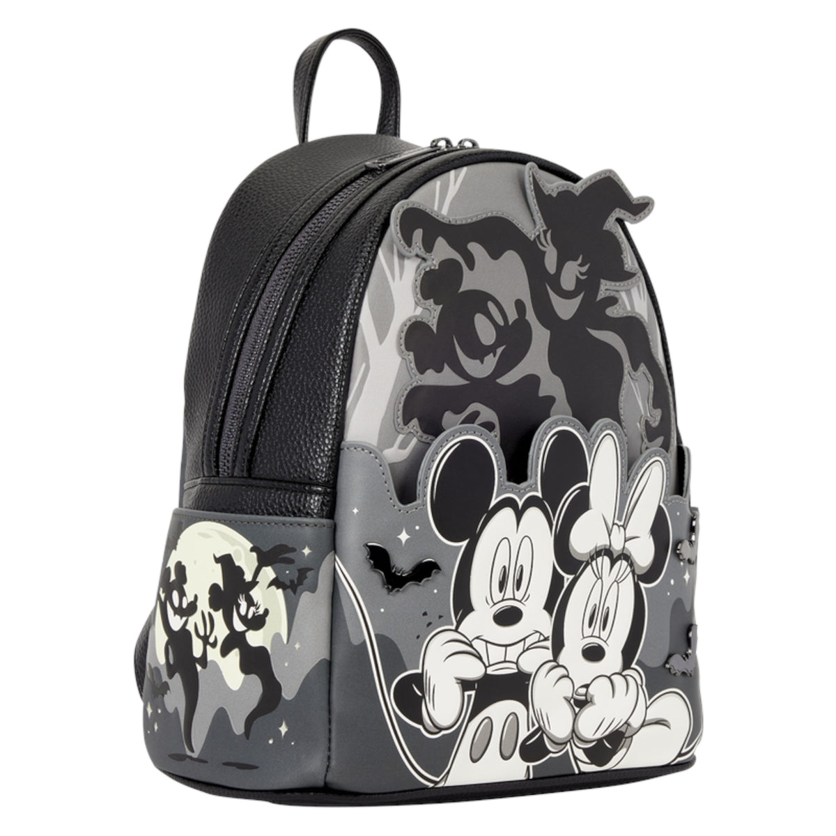 A Disney Mickey and Minnie Mouse backpack featuring a gray and black camouflage pattern with black silhouettes of Mickey, Minnie, and other Disney characters, plus a black front pocket with a moon and Mickey silhouette print.