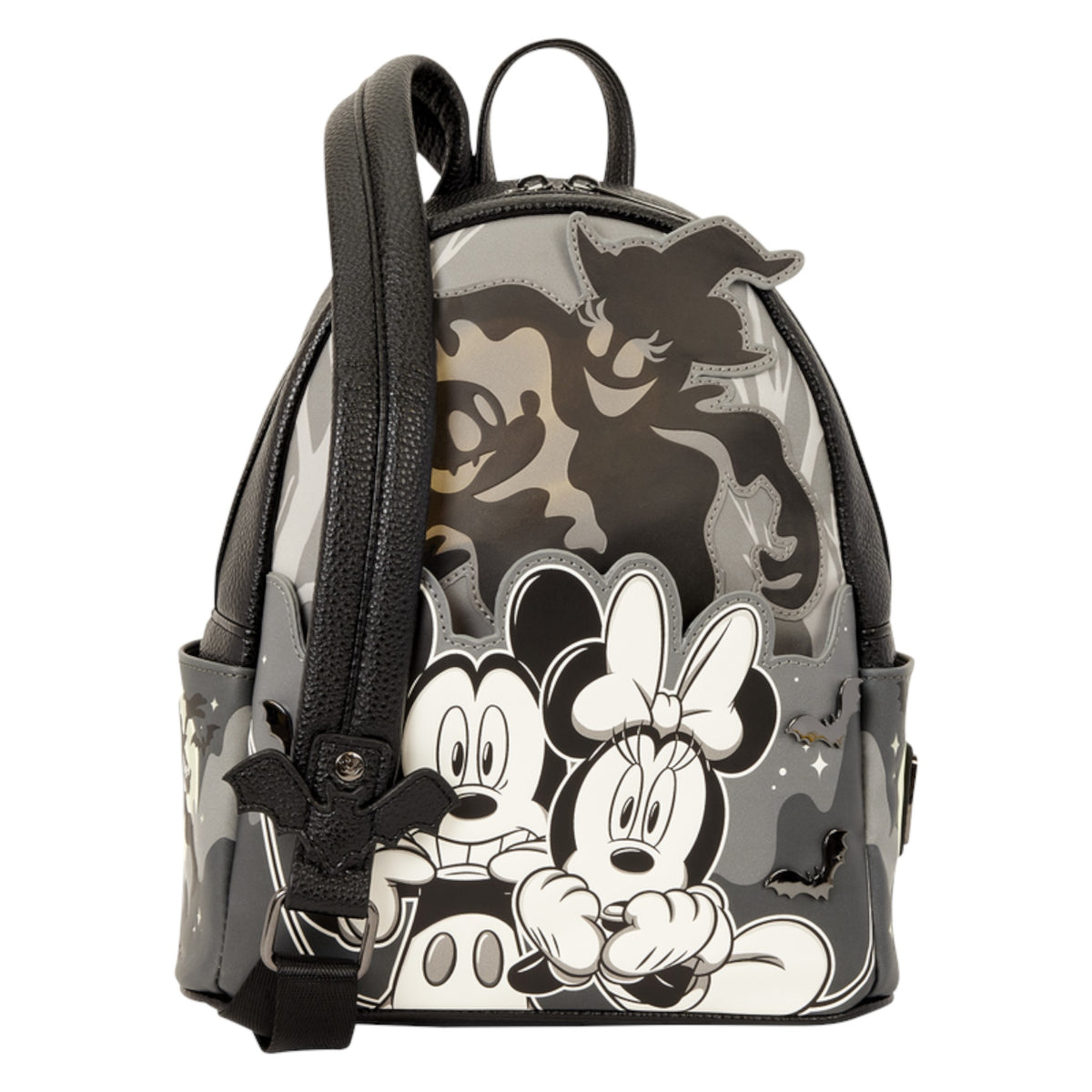 A Disney Minnie Mouse and Mickey Mouse backpack featuring a black and white graphic print with a gray camouflage pattern and a large black ghost character on the back, shown against a plain white background.