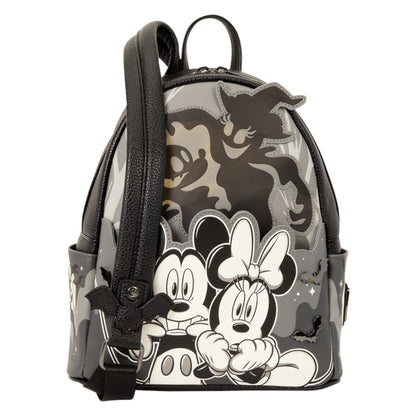 A Disney Minnie Mouse and Mickey Mouse backpack featuring a black and white graphic print with a gray camouflage pattern and a large black ghost character on the back, shown against a plain white background.