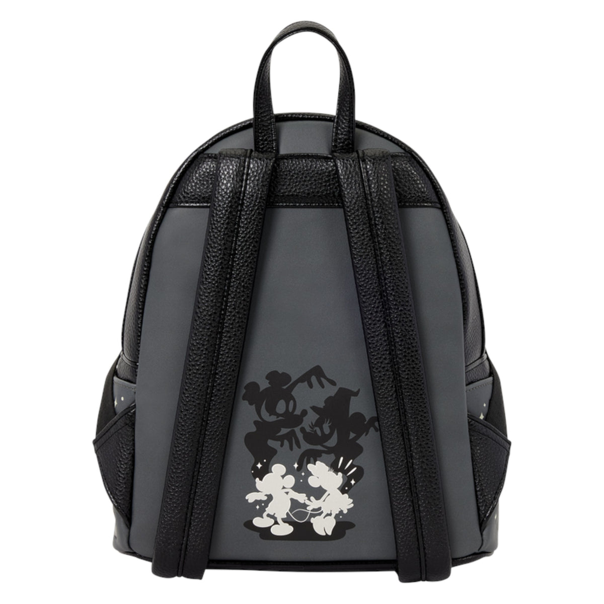 A black and dark gray backpack featuring a distressed Mickey and Minnie Mouse graphic on the front, set against a plain white background.