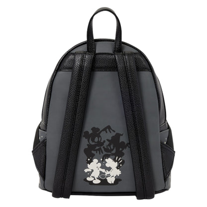 A black and dark gray backpack featuring a distressed Mickey and Minnie Mouse graphic on the front, set against a plain white background.