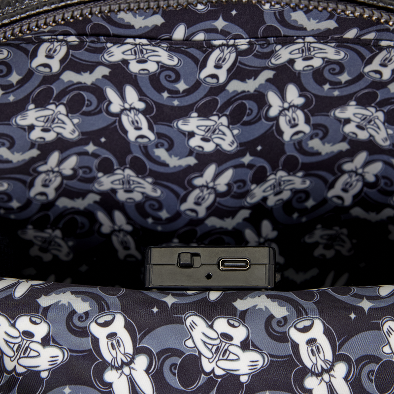 Close-up of a patterned fabric accessory featuring repeating white cartoon mouse faces on a dark navy and blue background, with a small black rectangular hardware piece visible in the center.