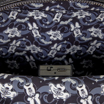 Close-up of a patterned fabric accessory featuring repeating white cartoon mouse faces on a dark navy and blue background, with a small black rectangular hardware piece visible in the center.