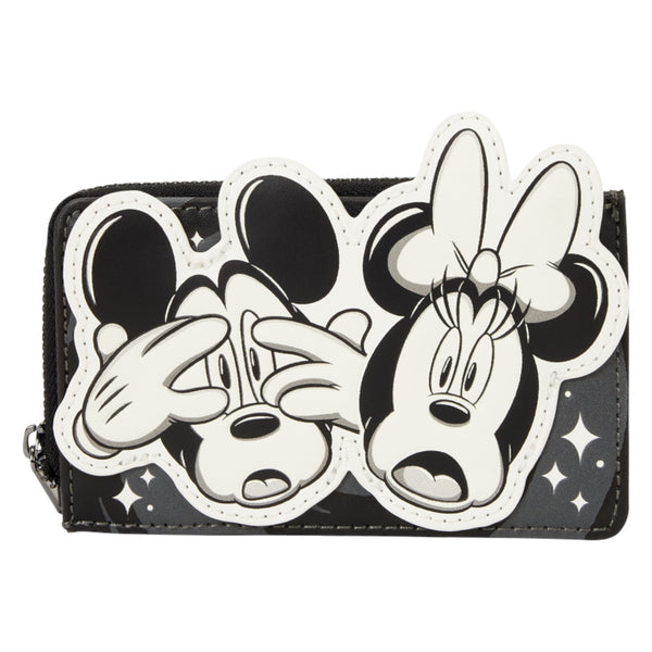 A black zip-around wallet featuring large, raised cartoon graphics of Mickey Mouse covering his eyes and Minnie Mouse looking surprised, with white outlines and small white star accents on a black background.