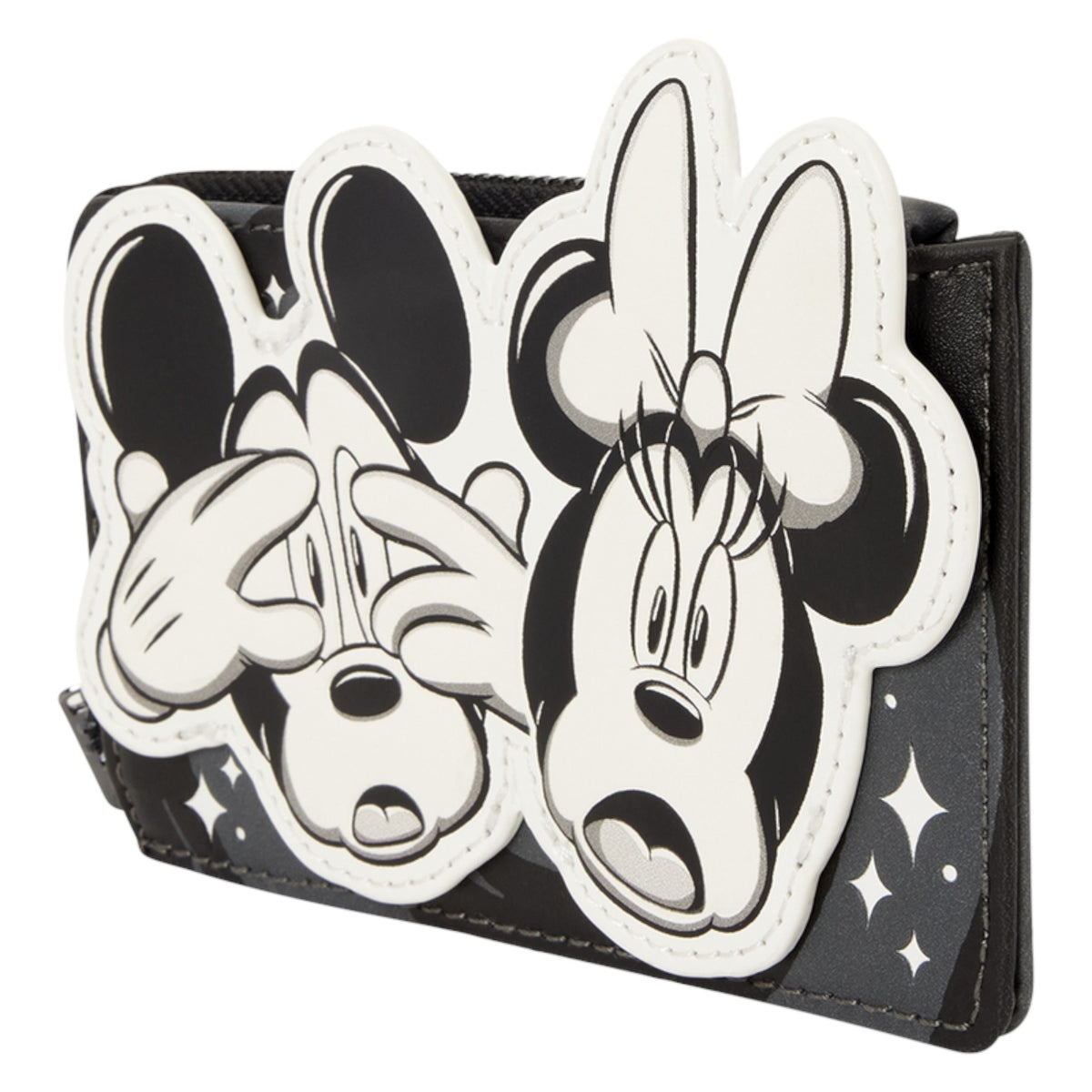 A black and white wallet featuring Minnie Mouse and Mickey Mouse cutout designs on the front, with a black starry pattern background.