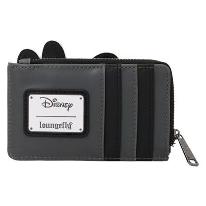 A dark gray zippered wallet featuring black cat-ear details on top and a white front patch with the Disney and Loungefly logos.