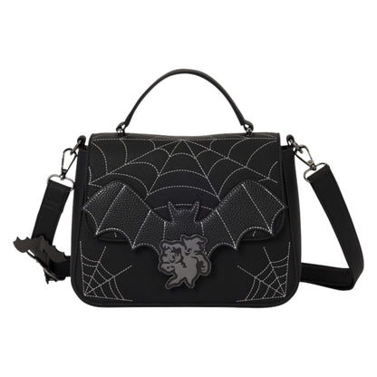 Black gothic handbag featuring a bat and spiderweb design with white contrast stitching, a silver bat charm on the front, and a detachable shoulder strap, shown on a plain white background.