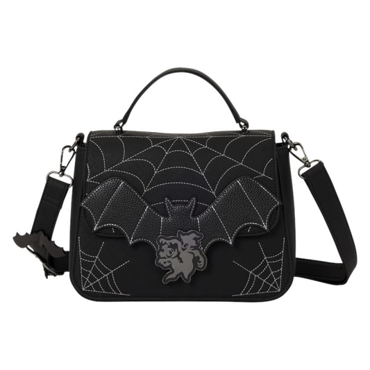 Black gothic handbag featuring a bat and spiderweb design with white contrast stitching, a silver bat charm on the front, and a detachable shoulder strap, shown on a plain white background.