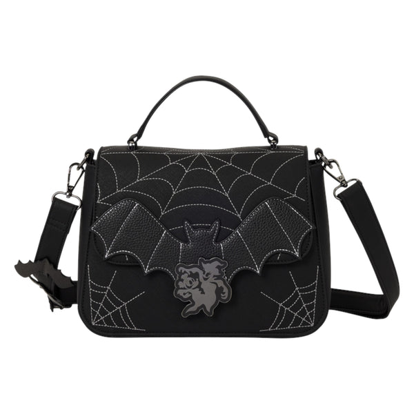 Black gothic handbag featuring a bat and spiderweb design with white contrast stitching, a silver bat charm on the front, and a detachable shoulder strap, shown on a plain white background.