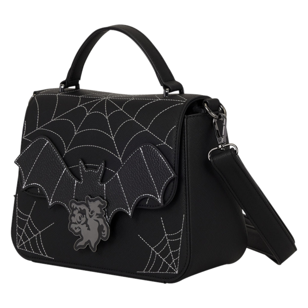 Black gothic handbag featuring a bat applique with a skull detail, white spiderweb embroidery, a top handle, and a detachable shoulder strap on a white background.
