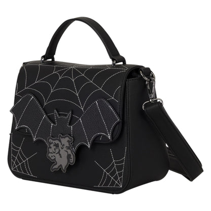 Black gothic handbag featuring a bat applique with a skull detail, white spiderweb embroidery, a top handle, and a detachable shoulder strap on a white background.