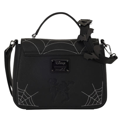 A black gothic-themed handbag featuring spiderweb embroidery, a top handle, and a detachable shoulder strap adorned with a bat charm. The front has a black plaque and an embossed figure.