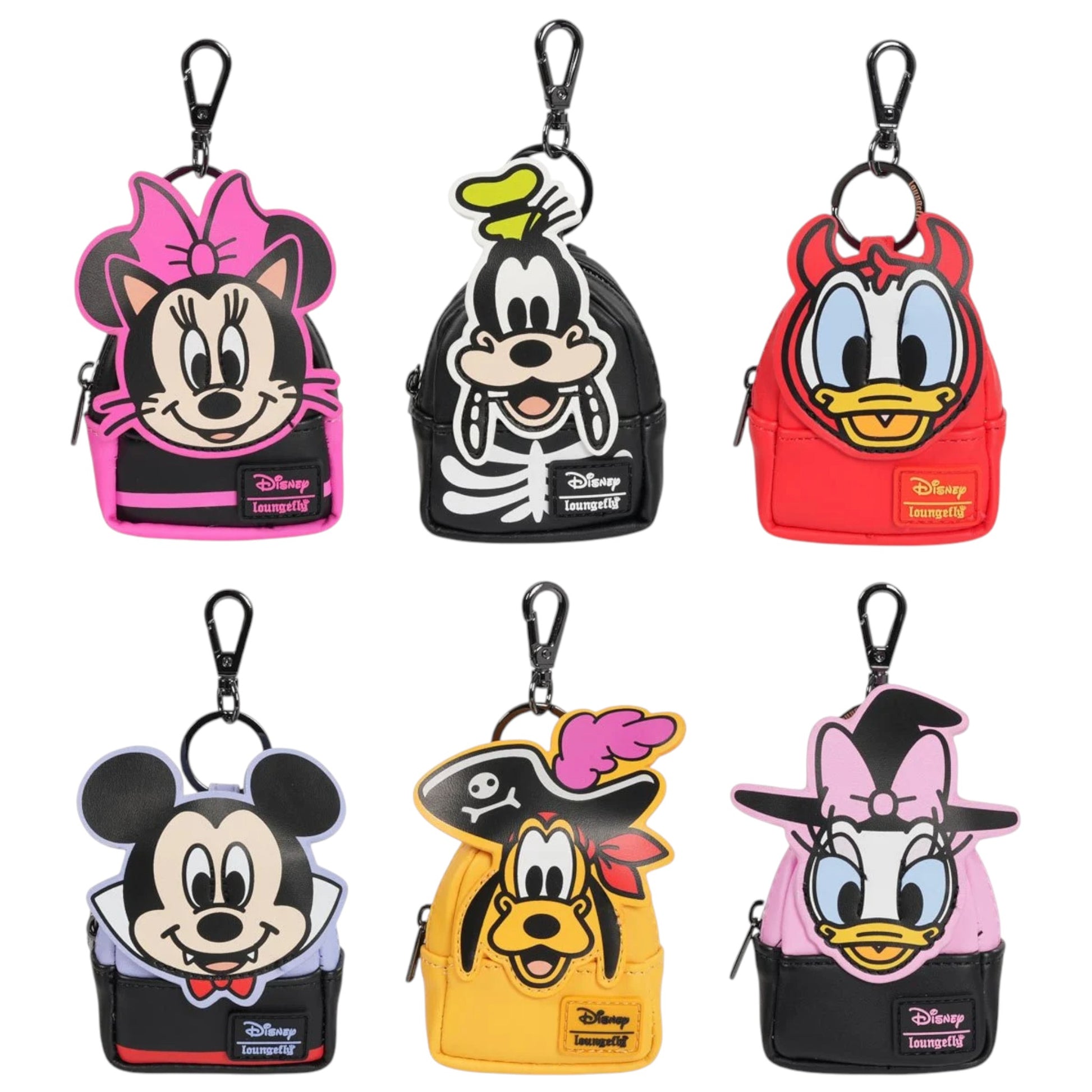 Set of six Disney Mickey and Friends Halloween Mini Backpack Mystery Box Bag Charm character bag charms on a white background