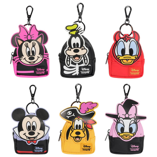 Set of six Disney Mickey and Friends Halloween Mini Backpack Mystery Box Bag Charm character bag charms on a white background