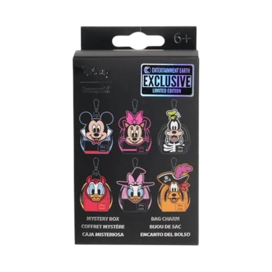 Packaged set of six Disney Mickey and Friends Halloween Mini Backpack Mystery Box Bag Charm character bag charms on a white background