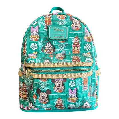 Backpack with Disney character Mickey and Friends Tiki pattern on a white background