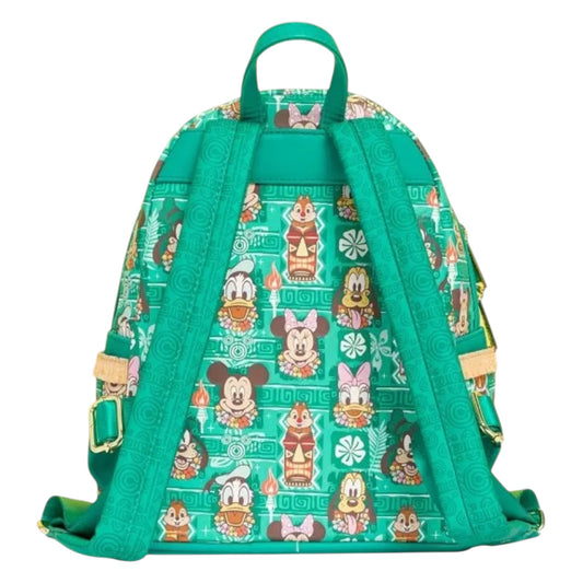 Green backpack with Mickey and Friends Tiki character pattern on a white background