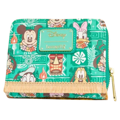 Disney-themed wallet with Mickey and Friends Tiki characters on a green background
