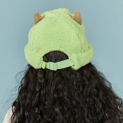 Mike Wazowski Sherpa Beanie worn by a person against a light blue background