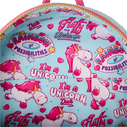 Backpack with unicorn design and text on a light blue background
