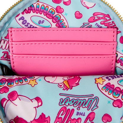 Close-up of a pink wallet with colorful cartoon design background