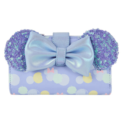 Purple Minnie Mouse wallet with bow sequin ears and minnie mouse character head pattern on a white background
